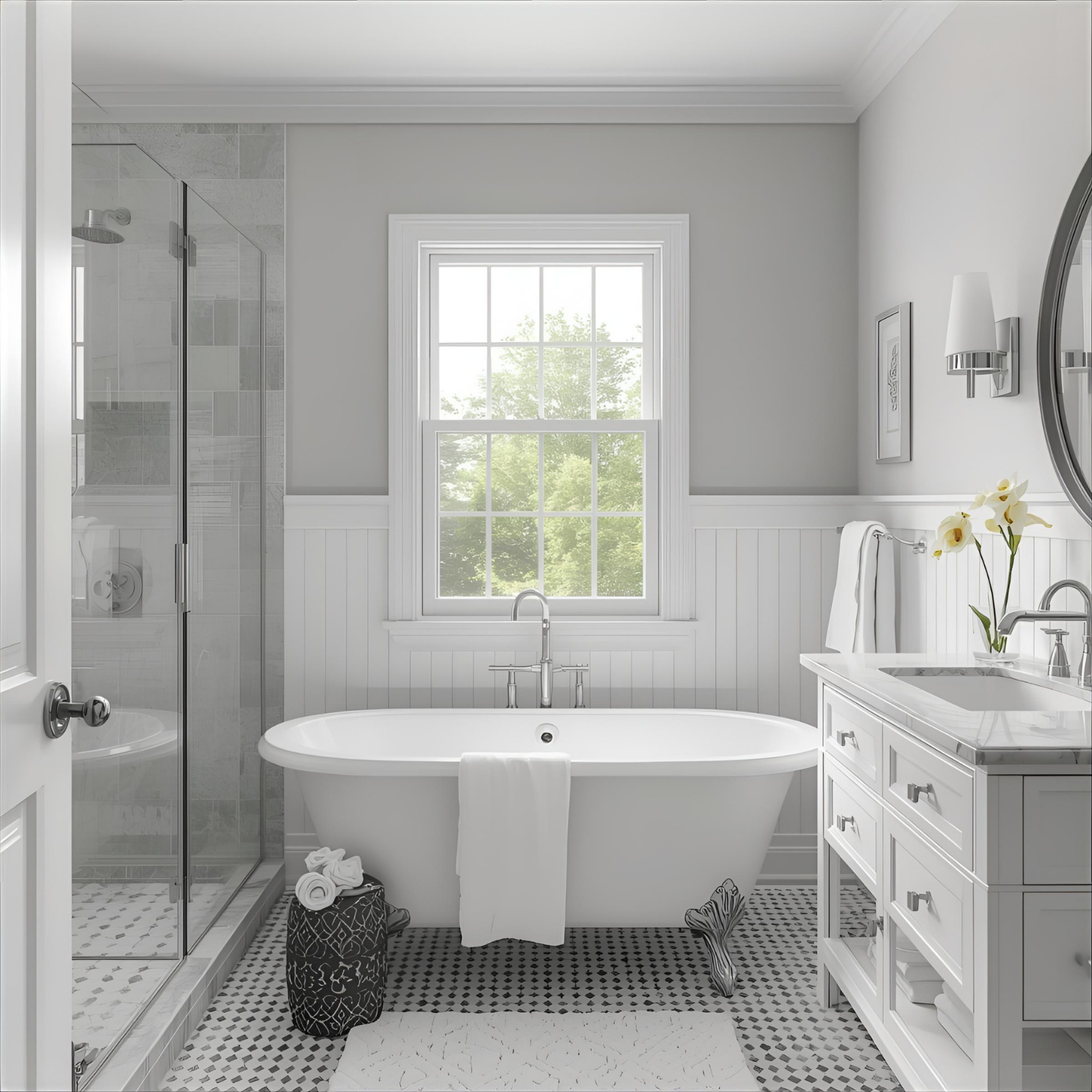 Photo of a beautiful white themed bathroom