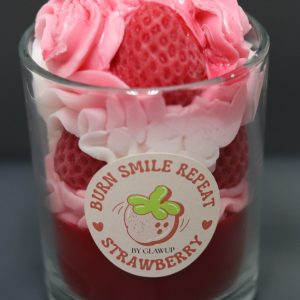 Strawberry Sundae candles that are strawberry scented. Made with soy wax, bee wax and a cotton wick that burns well with no toxins.
