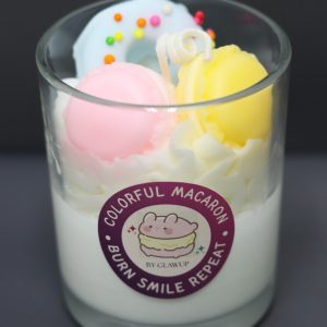 Colorful Macaron candles that are White Peach & Oolong scented. Made with soy wax, bee wax and a cotton wick that burns well with no toxins.